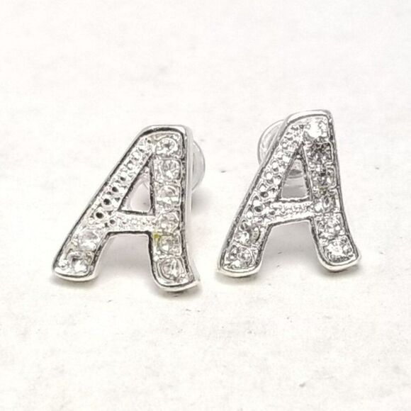 Letter A Stud Earrings, Rhinestone Silver Tone Monogram Initial, Estate - Picture 1 of 5
